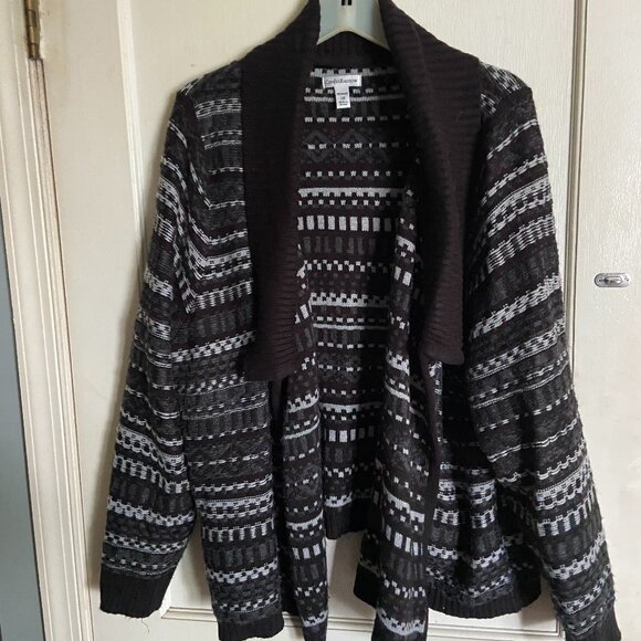 Black White and Grey Geometric Shawl Collar Cardigan 2X Essentials Classics - Picture 1 of 11